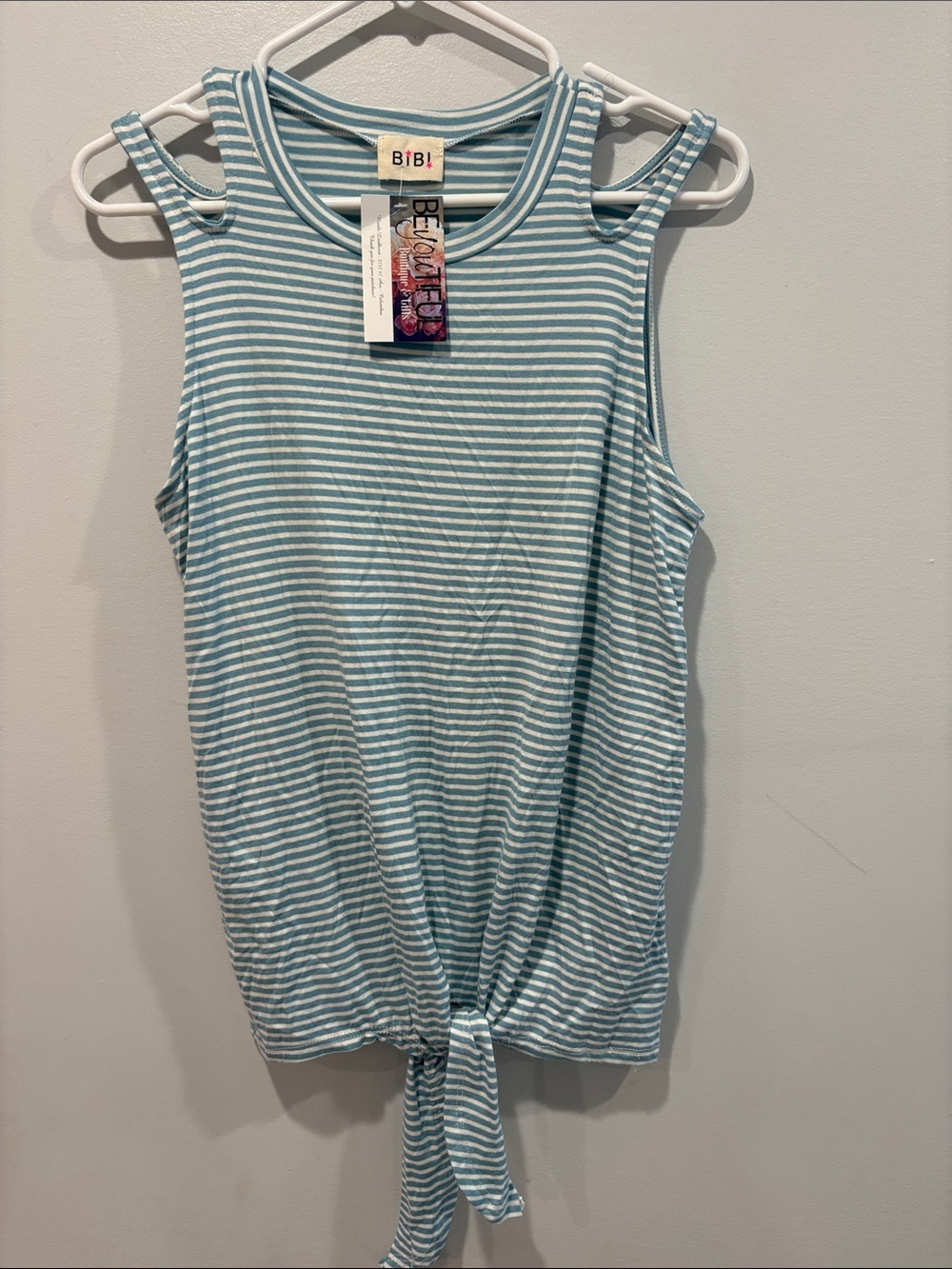 BiBi Light Blue and White Striped Tie-Front Tank Top